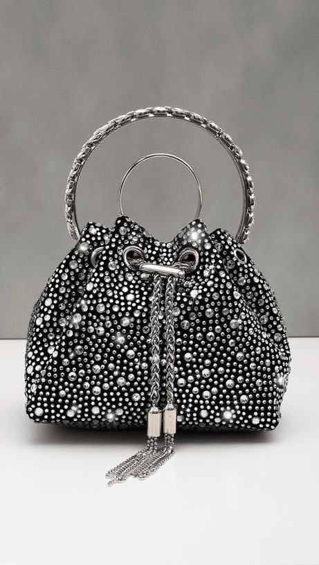 MATTEA CRYSTAL EMBELLISHED BUCKET BAG IN BLACK