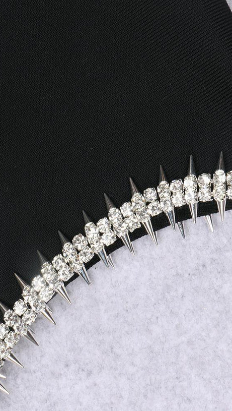 MINI ABITO CON BENDAGGI E SPALLINE A DIAMANTI IN NERO