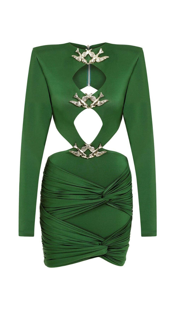 AIIZIE SATIN HEAVYWEIGHT CUT-OUT VINTAGE MINI DRESS IN DARK GREEN - product image