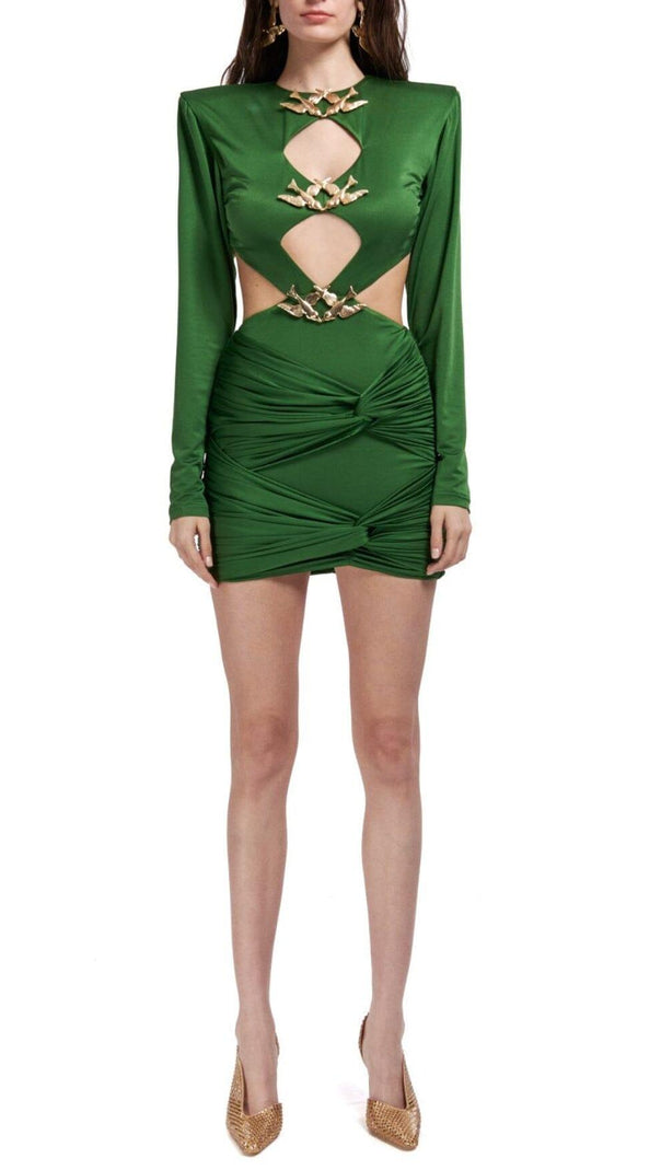 AIIZIE SATIN HEAVYWEIGHT CUT-OUT VINTAGE MINI DRESS IN DARK GREEN - product image