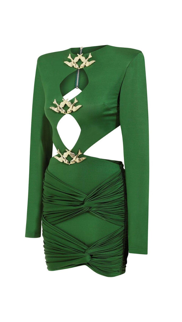 AIIZIE SATIN HEAVYWEIGHT CUT-OUT VINTAGE MINI DRESS IN DARK GREEN - product image