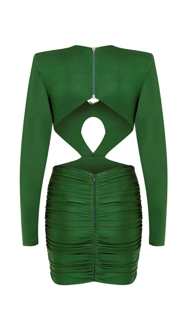AIIZIE SATIN HEAVYWEIGHT CUT-OUT VINTAGE MINI DRESS IN DARK GREEN - product image