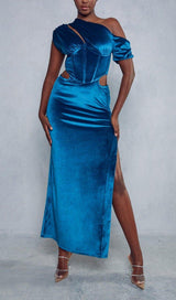 VELVET SLANT SHOULDER HIGH WAIST SPLIT MAXI DRESS IN TREASURE BLUE