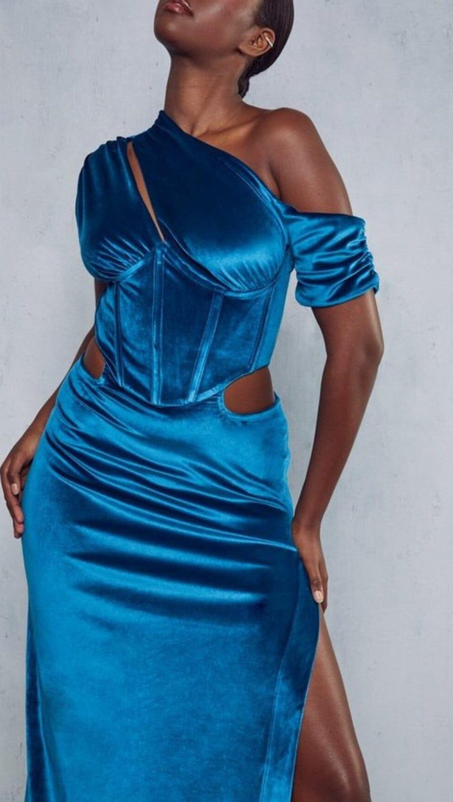 VELVET SLANT SHOULDER HIGH WAIST SPLIT MAXI DRESS IN TREASURE BLUE