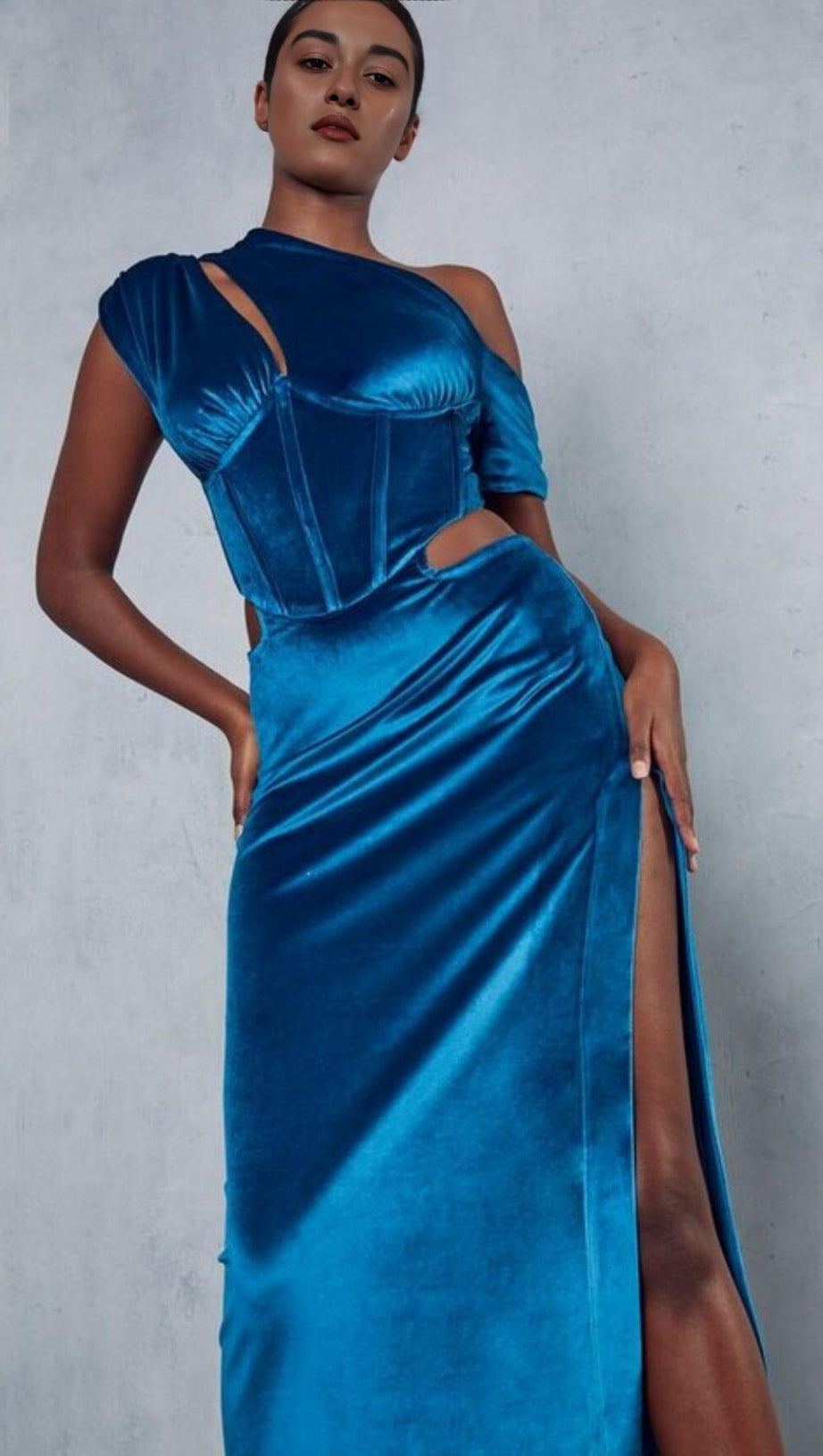 VELVET SLANT SHOULDER HIGH WAIST SPLIT MAXI DRESS IN TREASURE BLUE