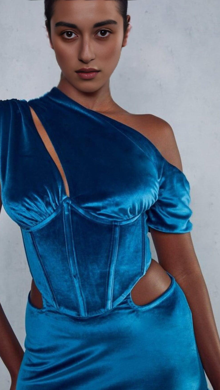 VELVET SLANT SHOULDER HIGH WAIST SPLIT MAXI DRESS IN TREASURE BLUE