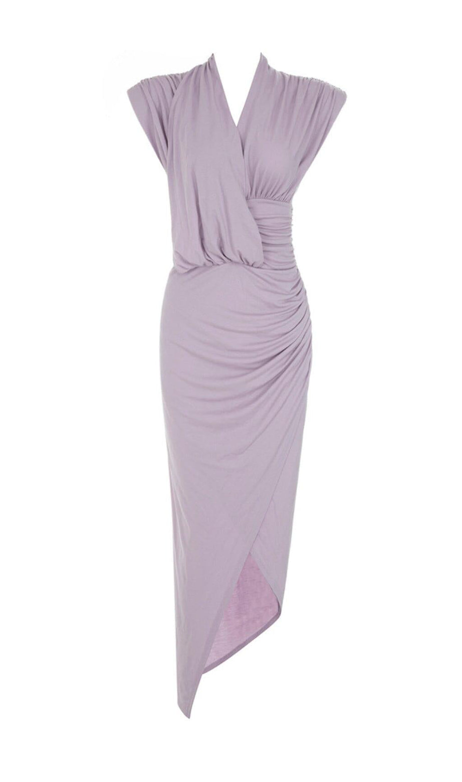 KLEID MIT TIEFEN V-AUSSCHNITT, KLEINEN FLIEGERÄRMELN UND HOHER TAILLE IN HELLLILA