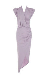 DEEP V-NECK SMALL FLYING-SLEEVED HIGH-RISE DRESS IN LIGHT PURPLE