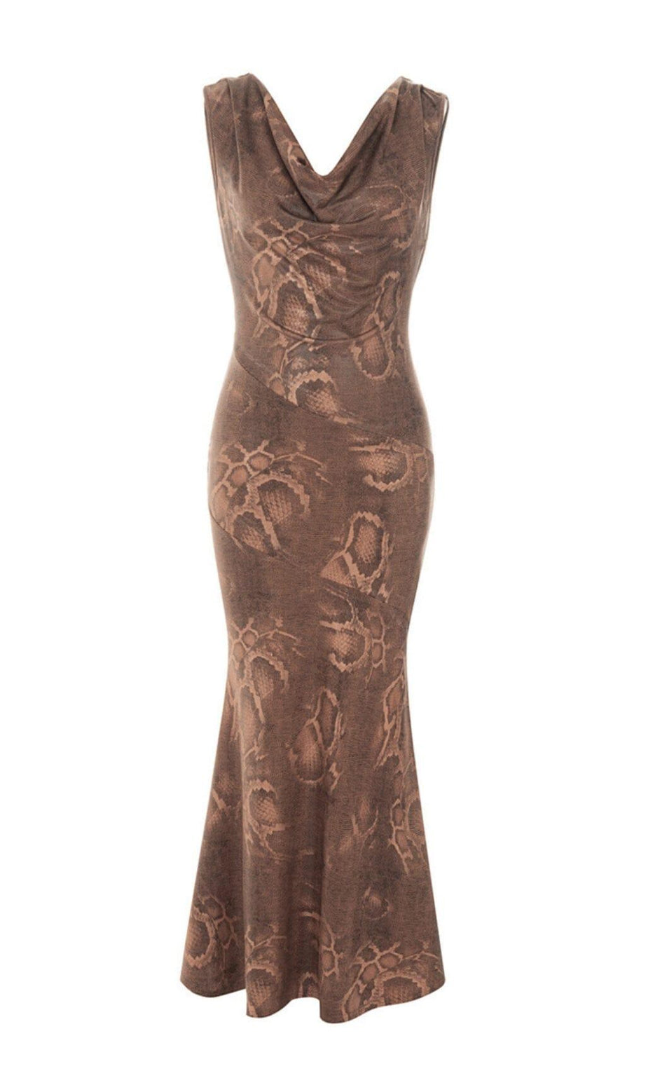DRAPETES ÄRMELLOSES KLEID MIT SCHLANGENPRINT IN KHAKI