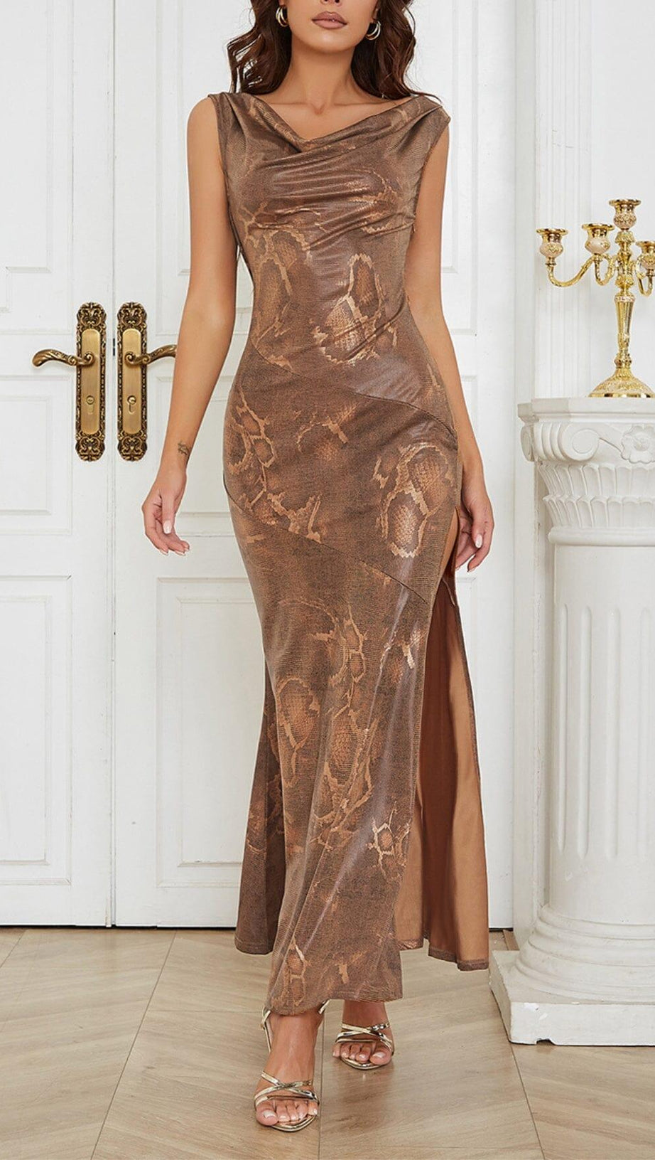 DRAPE SNAKE-PRINT SLEEVELESS DRESS IN KHAKI