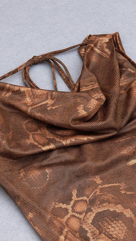 DRAPE SNAKE-PRINT SLEEVELESS DRESS IN KHAKI