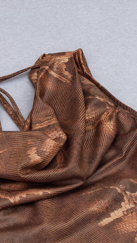 DRAPE SNAKE-PRINT SLEEVELESS DRESS IN KHAKI