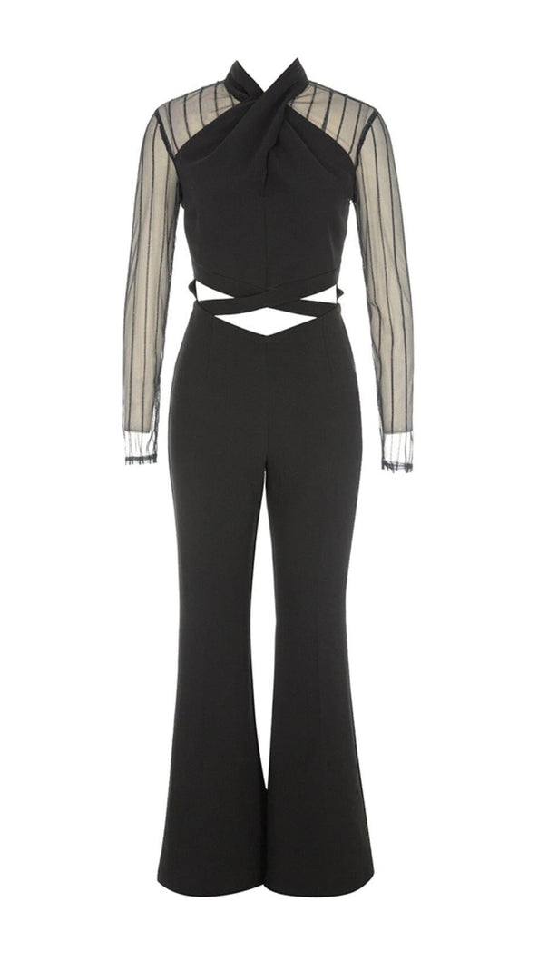 AIIZIE MESH STITCHED CROSS-TIE JUMPSUIT IN BLACK - product image