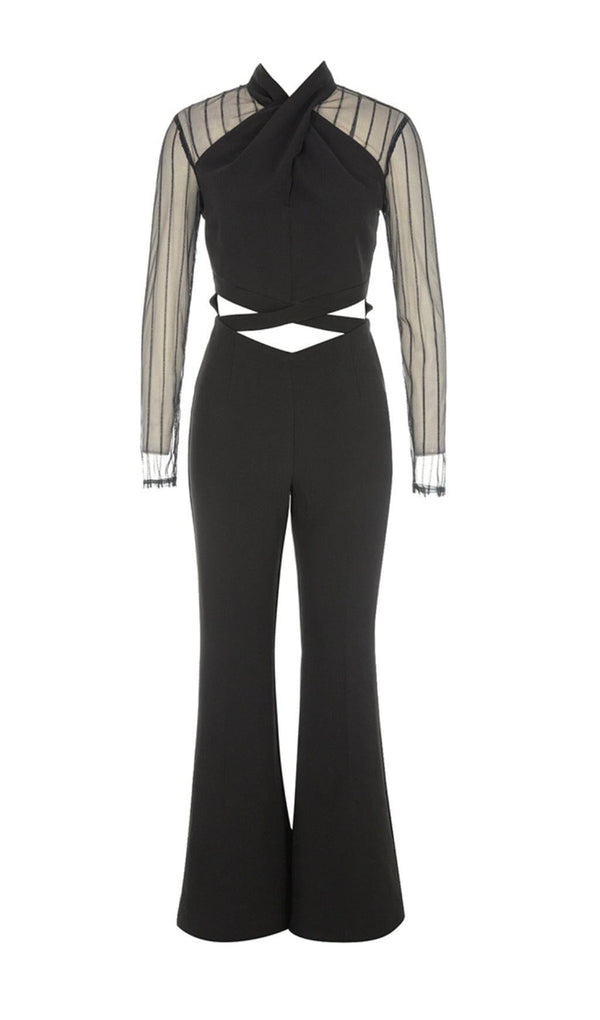 MESH STITCHED CROSS-TIE JUMPSUIT IN BLACK