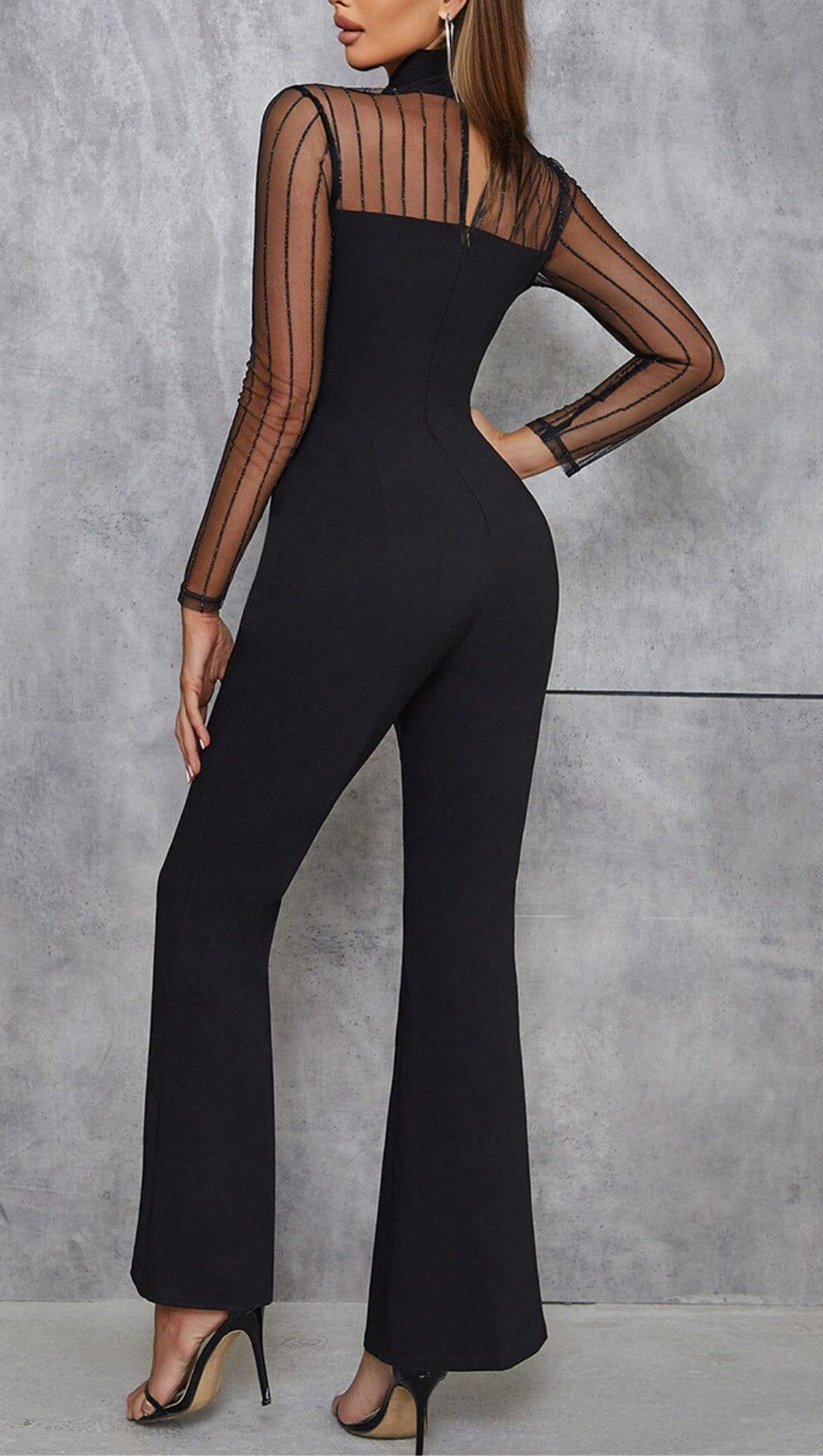 MESH STITCHED CROSS-TIE JUMPSUIT IN BLACK