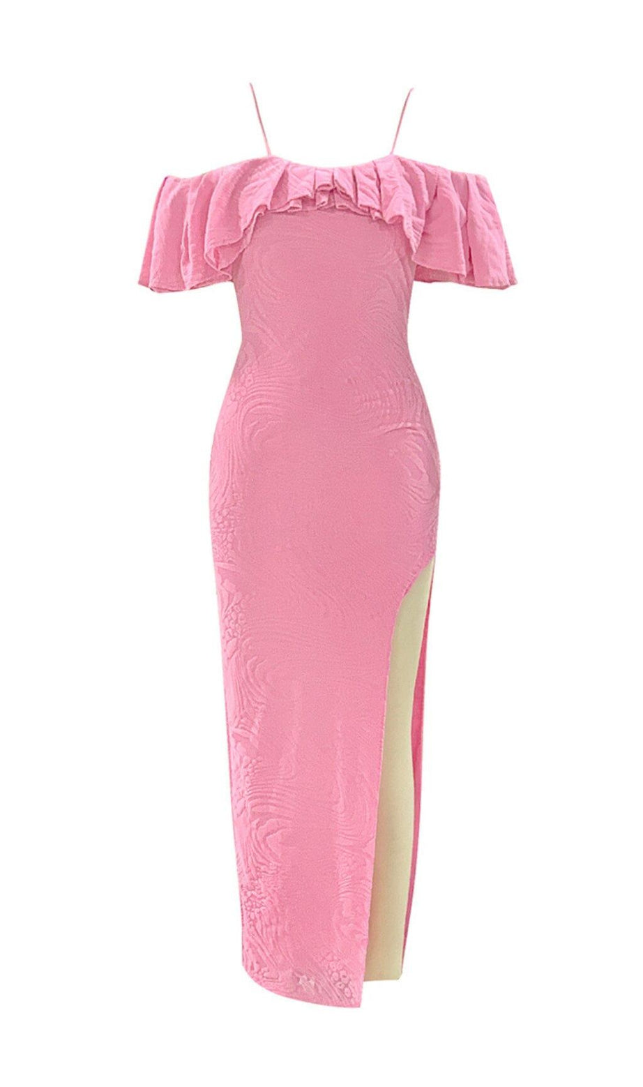 Schulterfreies Kleid mit Rüschenkragen und hohem Schlitz in Pink
