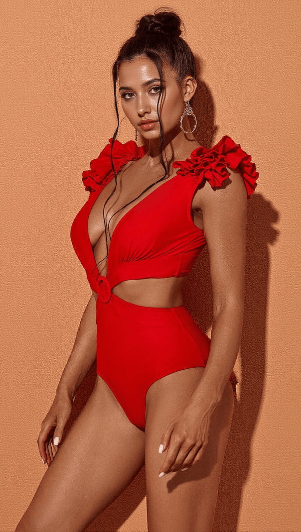 AIIZIE DANNI CUTOUT SWIMWEAR TWO PIECE SET IN RED - product image