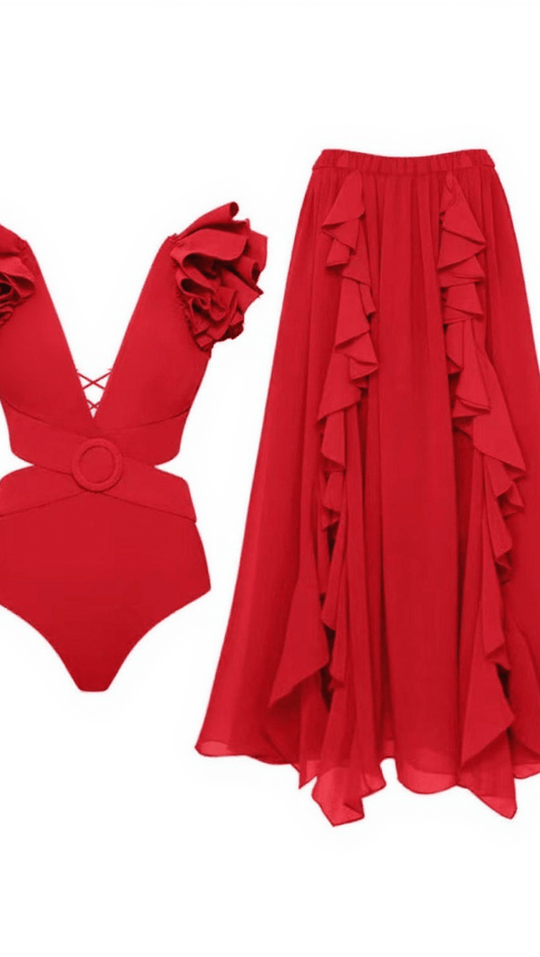 AIIZIE DANNI CUTOUT SWIMWEAR TWO PIECE SET IN RED - product image