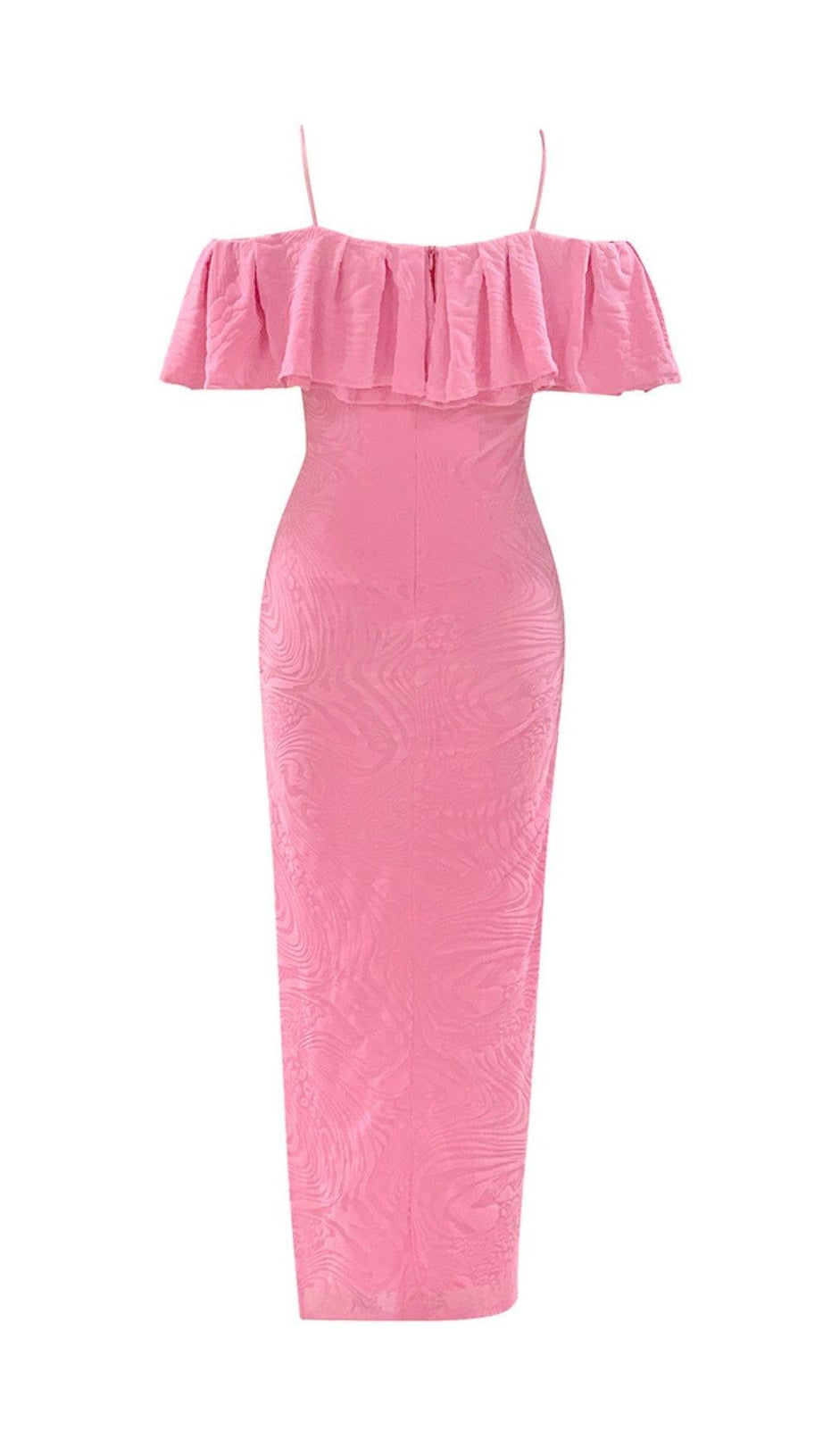 RUFFLE COLLAR OFF-THE-SHOULDER HIGH SLIT DRESS IN PINK