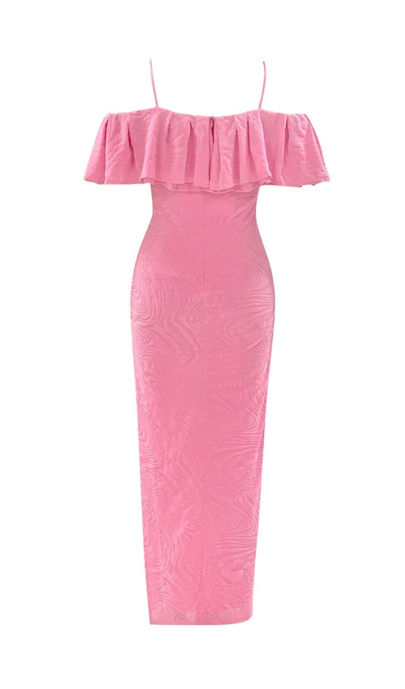 RUFFLE COLLAR OFF-THE-SHOULDER HIGH SLIT DRESS IN PINK