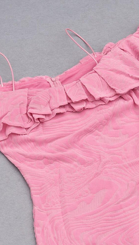 RUFFLE COLLAR OFF-THE-SHOULDER HIGH SLIT DRESS IN PINK