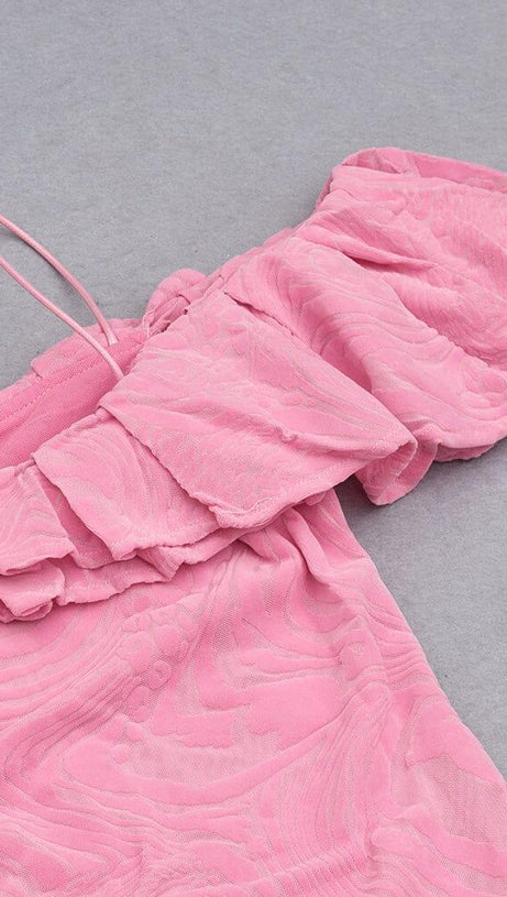 RUFFLE COLLAR OFF-THE-SHOULDER HIGH SLIT DRESS IN PINK