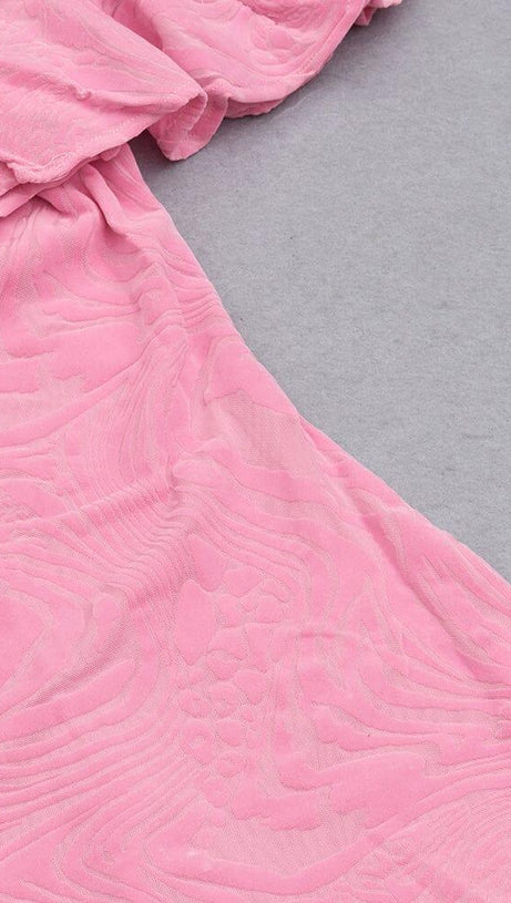 RUFFLE COLLAR OFF-THE-SHOULDER HIGH SLIT DRESS IN PINK