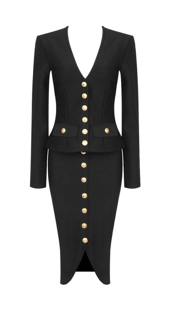 AIIZIE V-NECK METAL BUTTON DECORATIVE SLIM FIT SKIRT IN BLACK - product image
