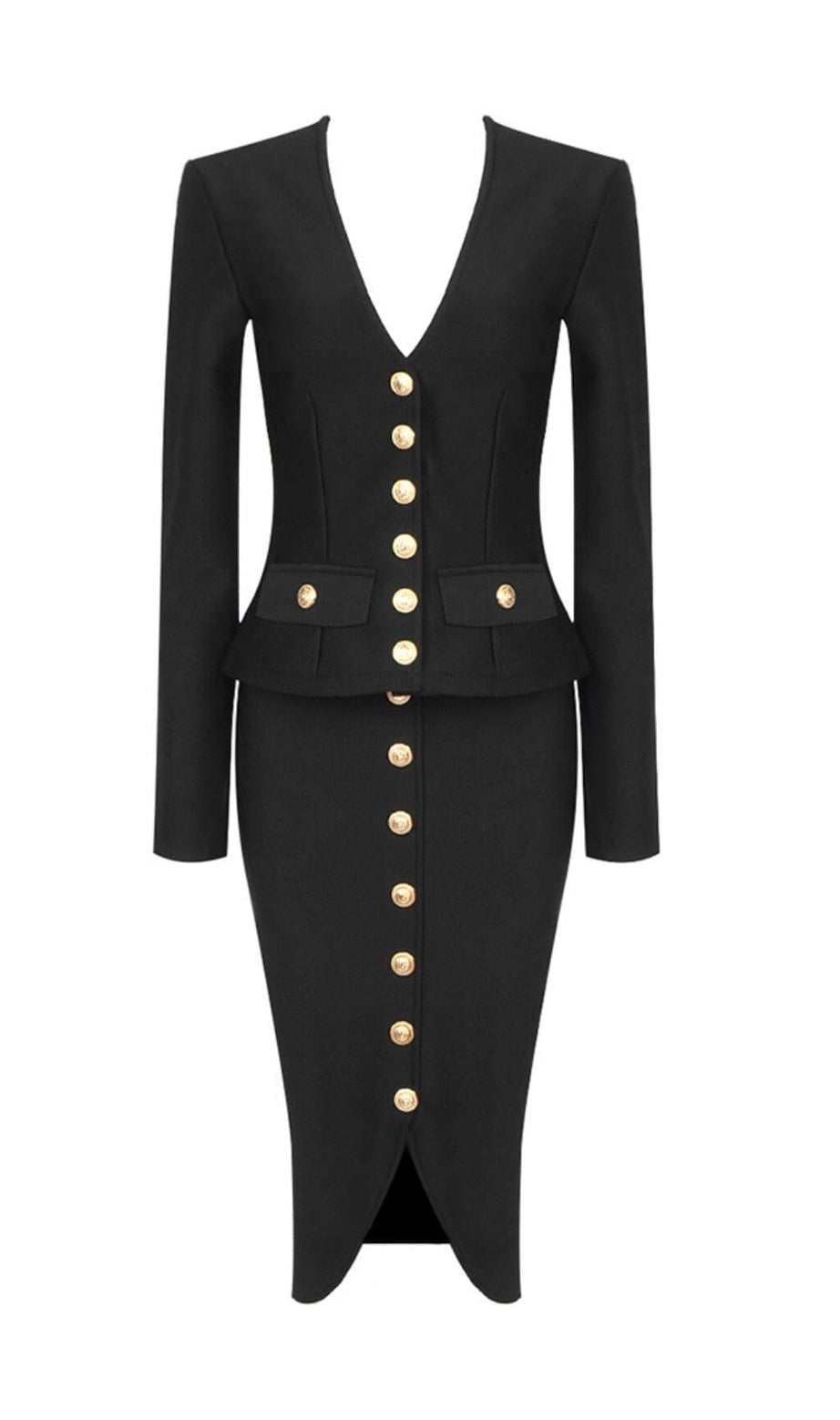 GONNA SLIM FIT DECORATIVA CON BOTTONI IN METALLO E SCOLLO A V, NERA
