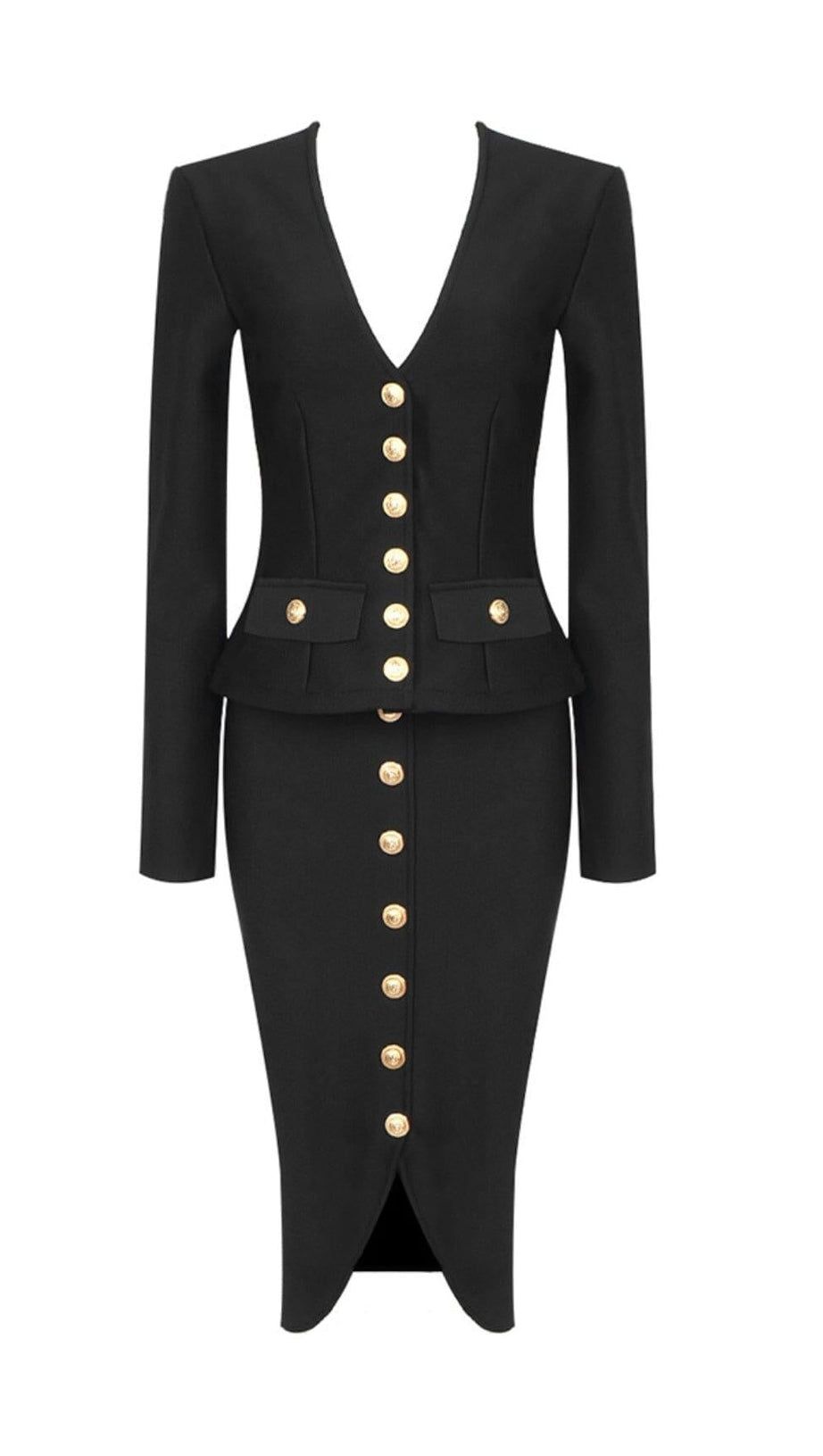 V-NECK METAL BUTTON DECORATIVE SLIM FIT SKIRT IN BLACK