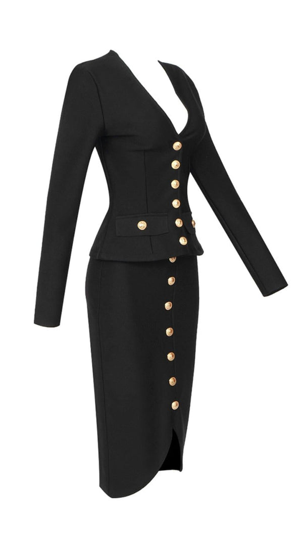 AIIZIE V-NECK METAL BUTTON DECORATIVE SLIM FIT SKIRT IN BLACK - product image