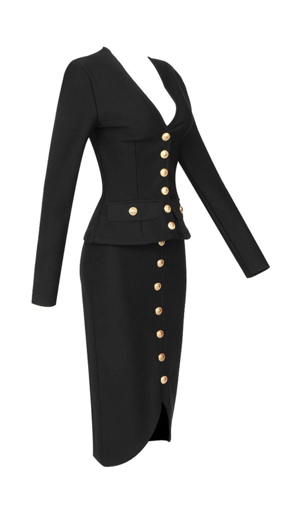 V-NECK METAL BUTTON DECORATIVE SLIM FIT SKIRT IN BLACK