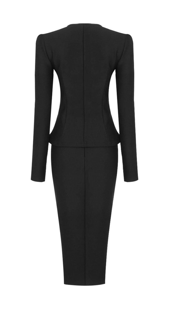 AIIZIE V-NECK METAL BUTTON DECORATIVE SLIM FIT SKIRT IN BLACK - product image