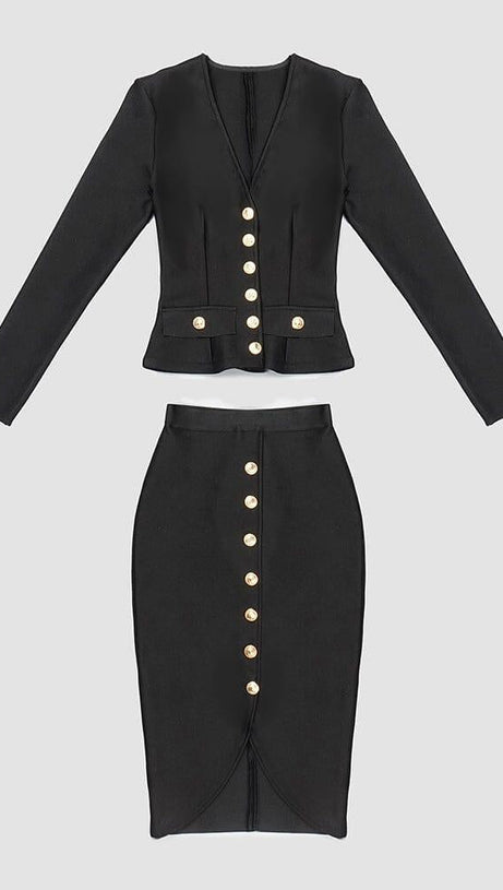 V-NECK METAL BUTTON DECORATIVE SLIM FIT SKIRT IN BLACK