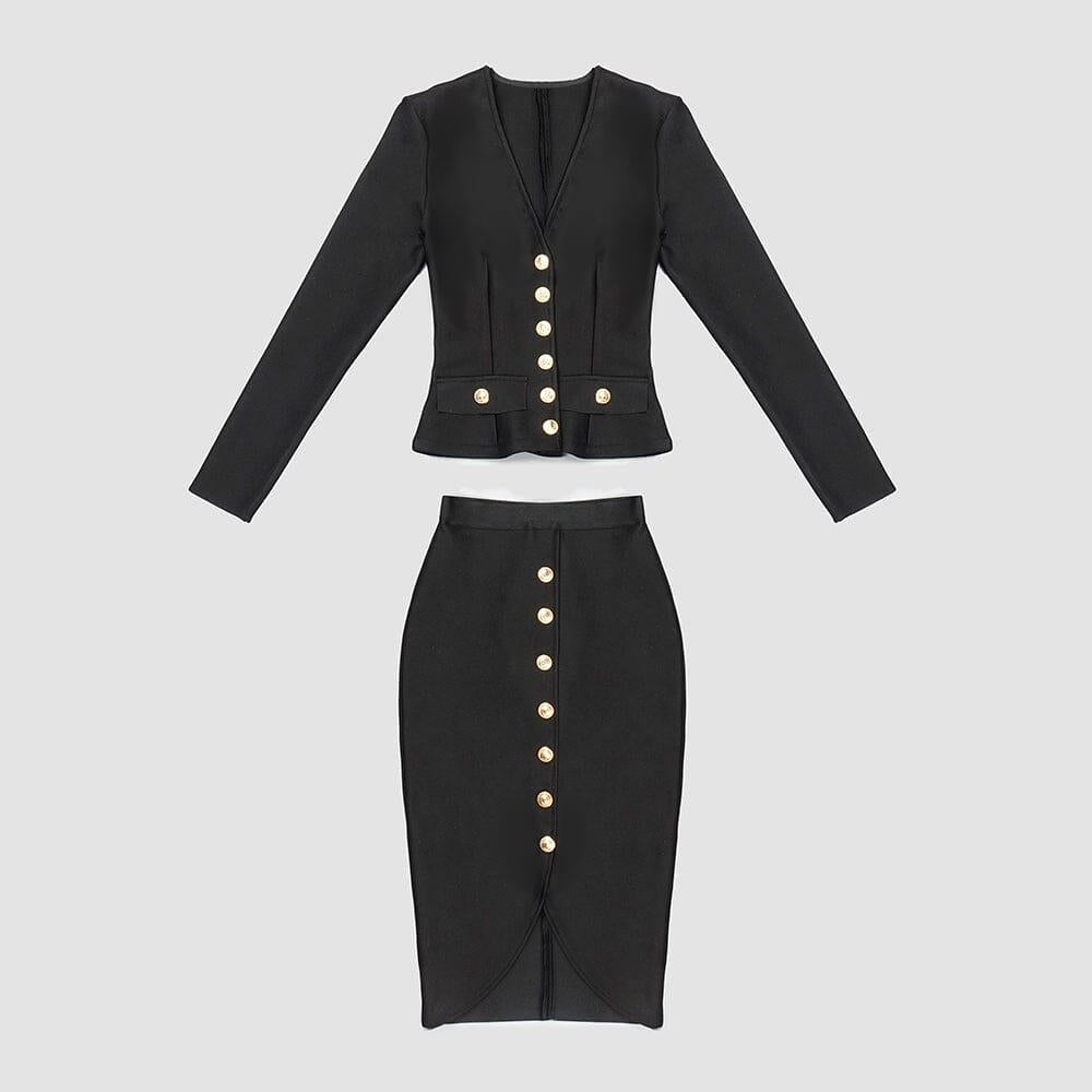AIIZIE V-NECK METAL BUTTON DECORATIVE SLIM FIT SKIRT IN BLACK - product image