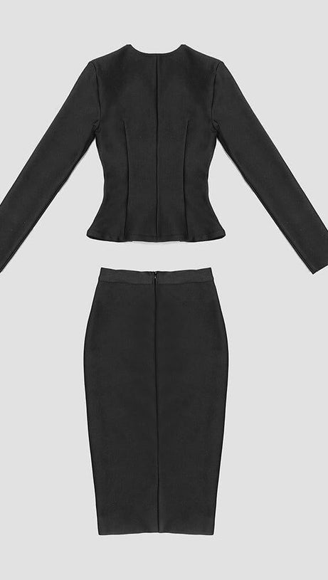 V-NECK METAL BUTTON DECORATIVE SLIM FIT SKIRT IN BLACK