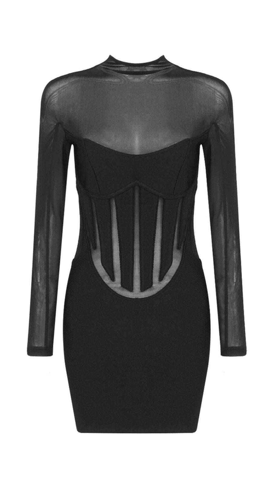 MESH STITCHED SLIM-FIT MINI DRESS IN BLACK