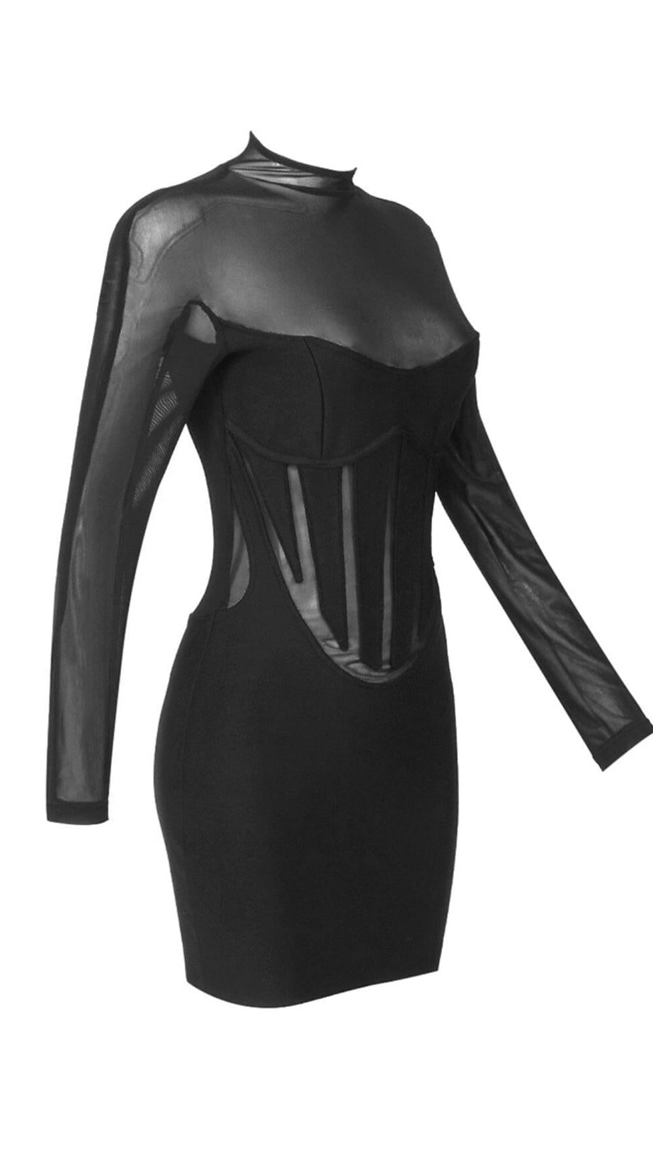 MESH STITCHED SLIM-FIT MINI DRESS IN BLACK