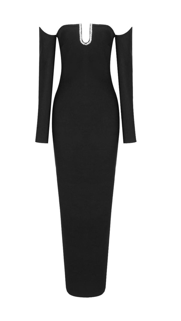 AIIZIE SLIM-FIT CHEST HOLLOW OFF-THE-SHOULDER MAXI DRESS IN BLACK - product image