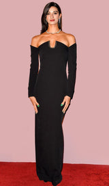 SLIM-FIT CHEST HOLLOW OFF-THE-SHOULDER MAXI DRESS IN BLACK