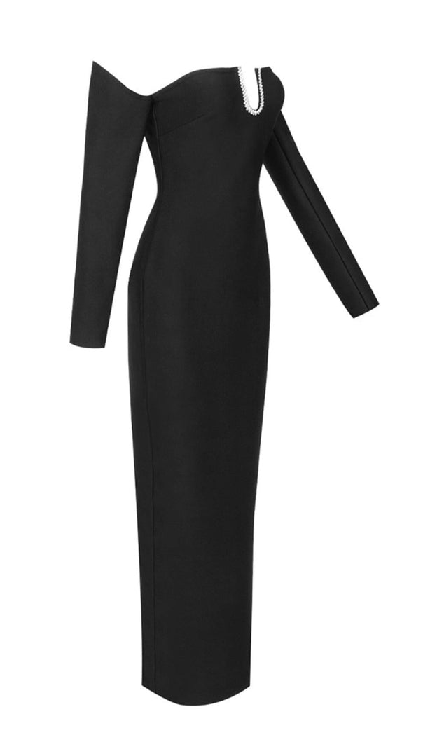 AIIZIE SLIM-FIT CHEST HOLLOW OFF-THE-SHOULDER MAXI DRESS IN BLACK - product image