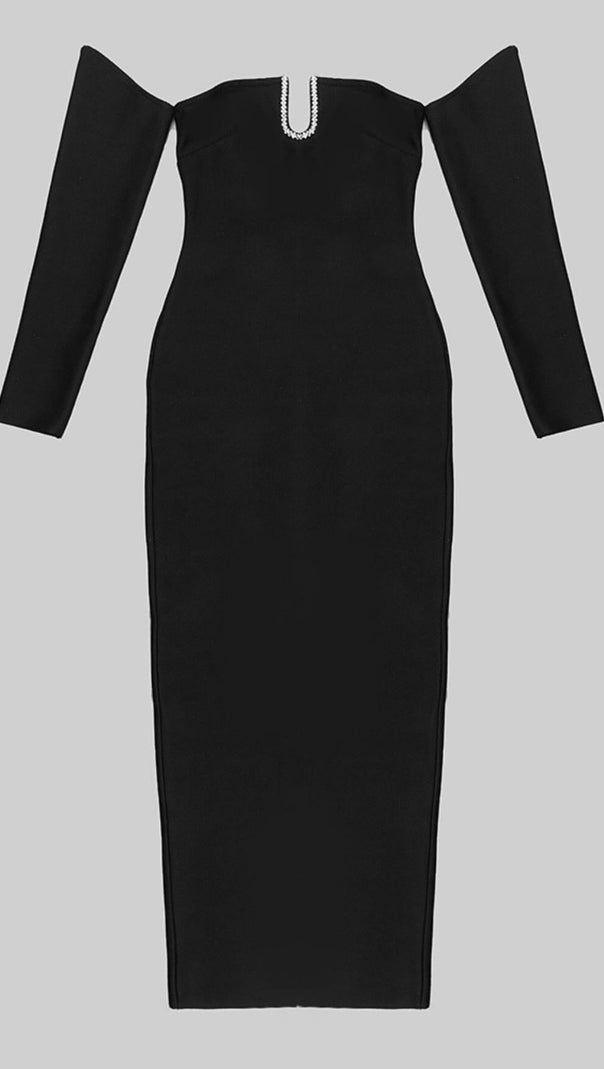 AIIZIE SLIM-FIT CHEST HOLLOW OFF-THE-SHOULDER MAXI DRESS IN BLACK - product image