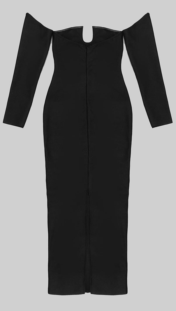 AIIZIE SLIM-FIT CHEST HOLLOW OFF-THE-SHOULDER MAXI DRESS IN BLACK - product image