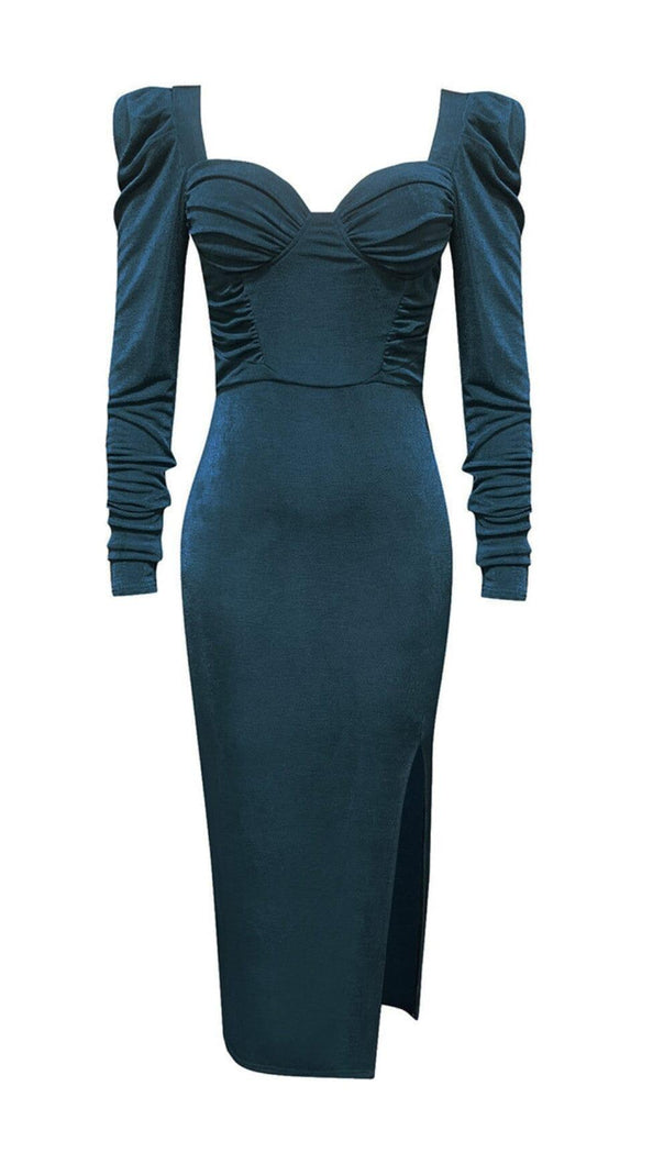 AIIZIE HIGH SLIT SLIM-FIT KNIT MIDI DRESS IN GREY-BLUE - product image