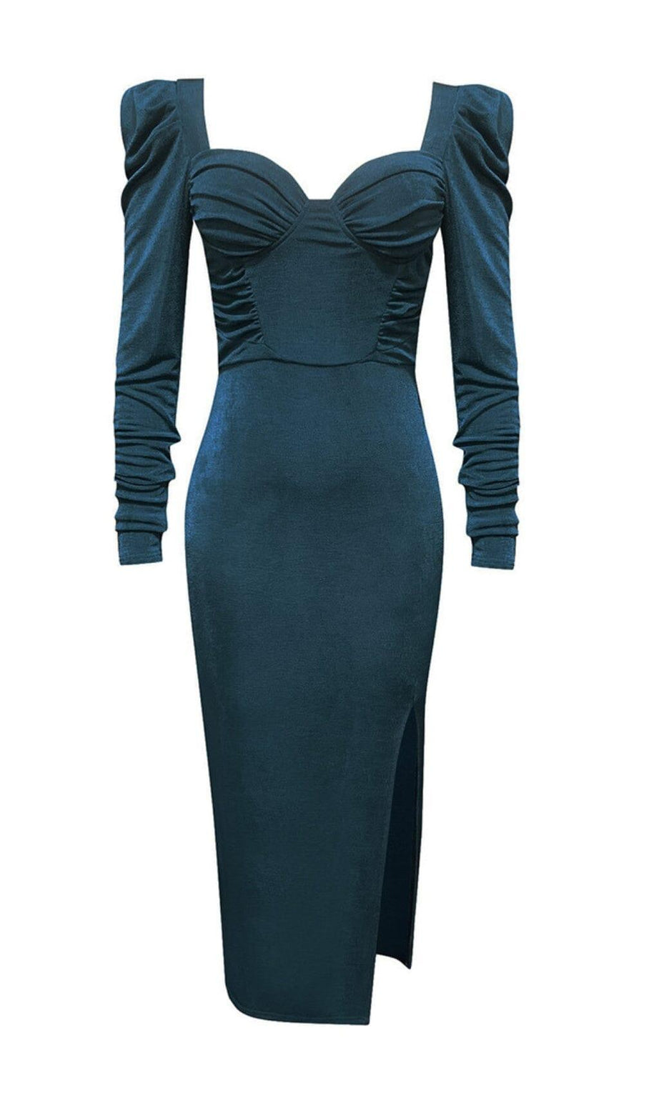 SLIM-FIT-MIDIKLEID AUS STRICK MIT HOHER SCHLITZUNG IN GRAUBLAU