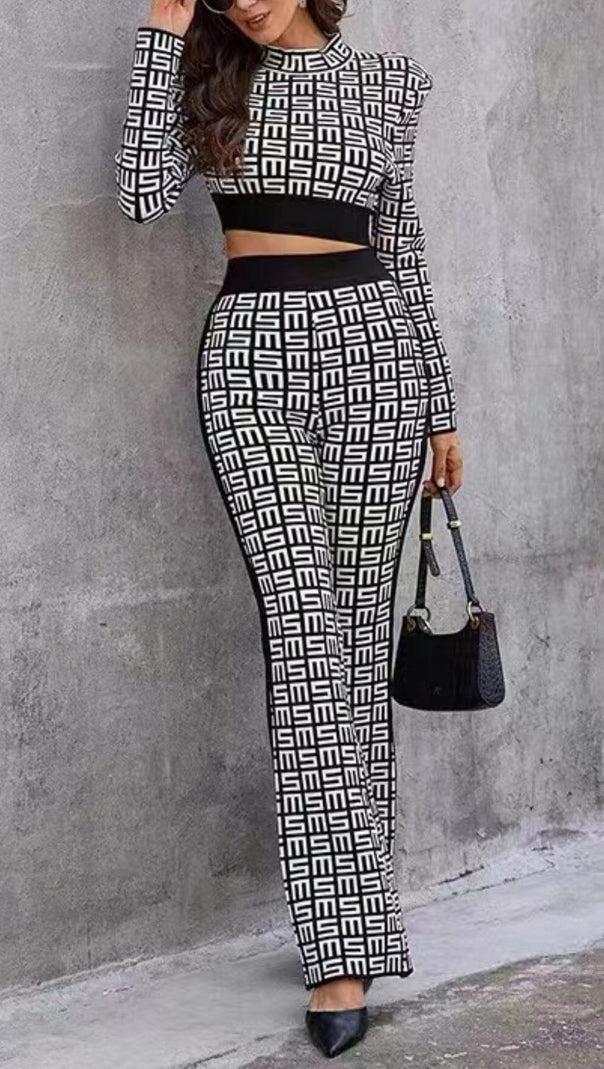 AIIZIE MONOGRAM PRINTED SHOULDER PAD SUIT IN WHITE AND BLACK - product image