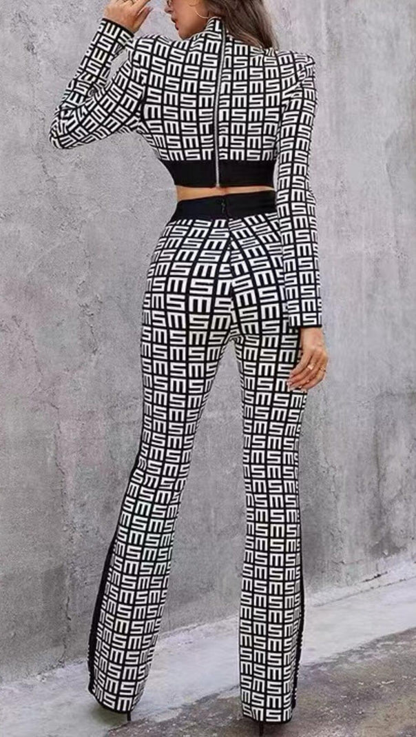 AIIZIE MONOGRAM PRINTED SHOULDER PAD SUIT IN WHITE AND BLACK - product image