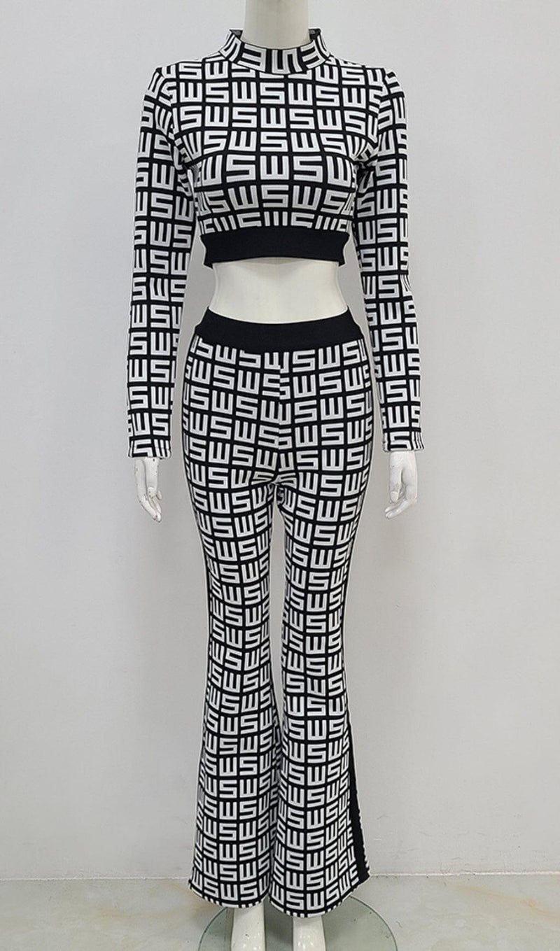 MONOGRAM PRINTED SHOULDER PAD SUIT IN WHITE AND BLACK