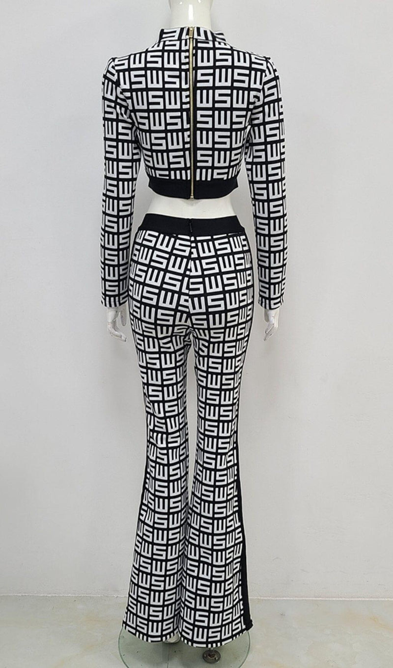 MONOGRAM PRINTED SHOULDER PAD SUIT IN WHITE AND BLACK