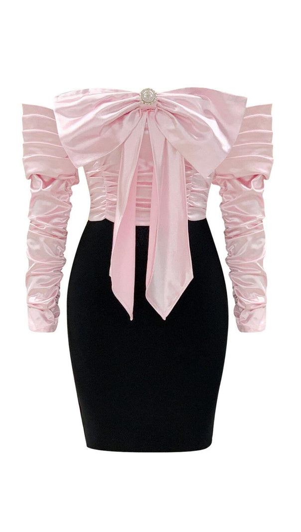AIIZIE SPLICING ONE LINE SHOULDER LARGE BOW DRESS IN BLACK AND PINK - product image